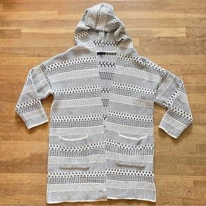 Fate open front cardigan with hood and pockets white black size large L 
B4